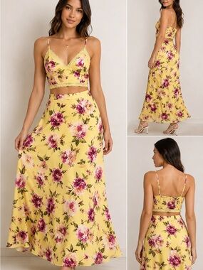 NWT Thirty/Thirty Yellow Floral Cami Crop Top & Maxi Skirt Two Piece Set Boho